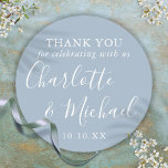 Dusty Blue Signature Wedding Favour Thank You Classic Round Sticker<br><div class="desc">Dusty blue signature wedding favour thank you classic round sticker featuring signature style names. Personalise with your special thank you information in chic white typography. Designed by Thisisnotme©</div>