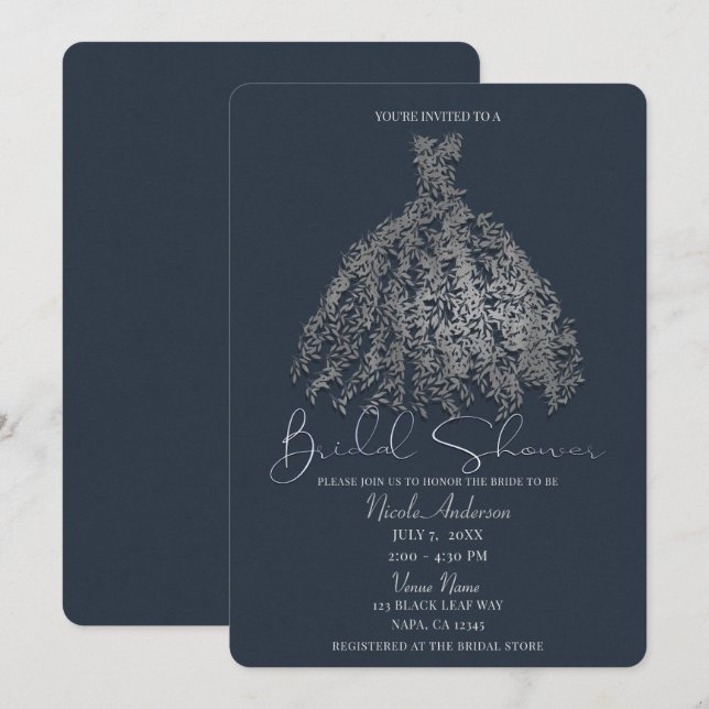 Dusty Blue Silver Botanical Dress Bridal Shower Invitation (Front/Back)