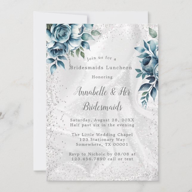 Dusty Blue Silver Bouquet Bridesmaids Luncheon Invitation (Front)