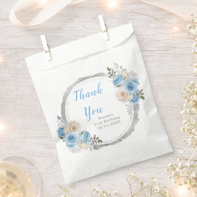 Dusty Blue Silver Elegant Flowers Birthday Party Favour Bags (Clipped)