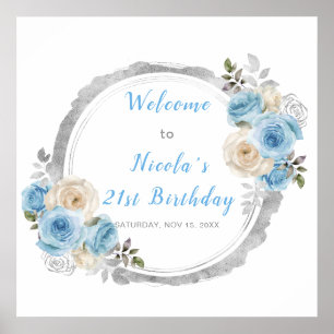Dusty Blue Silver Elegant Flowers Birthday Party Poster