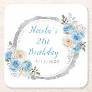 Dusty Blue Silver Elegant Flowers Birthday Party Square Paper Coaster