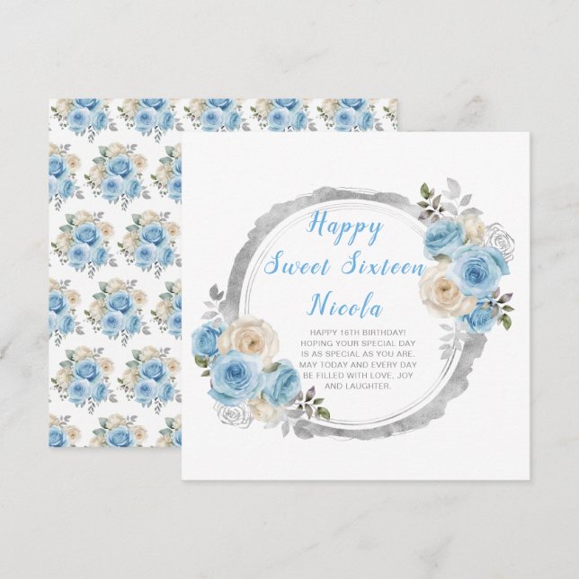 Dusty Blue Silver Elegant Flowers Sweet Sixteen Card (Front/Back)
