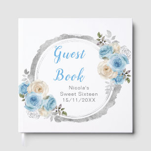 Dusty Blue Silver Elegant Flowers Sweet Sixteen Guest Book