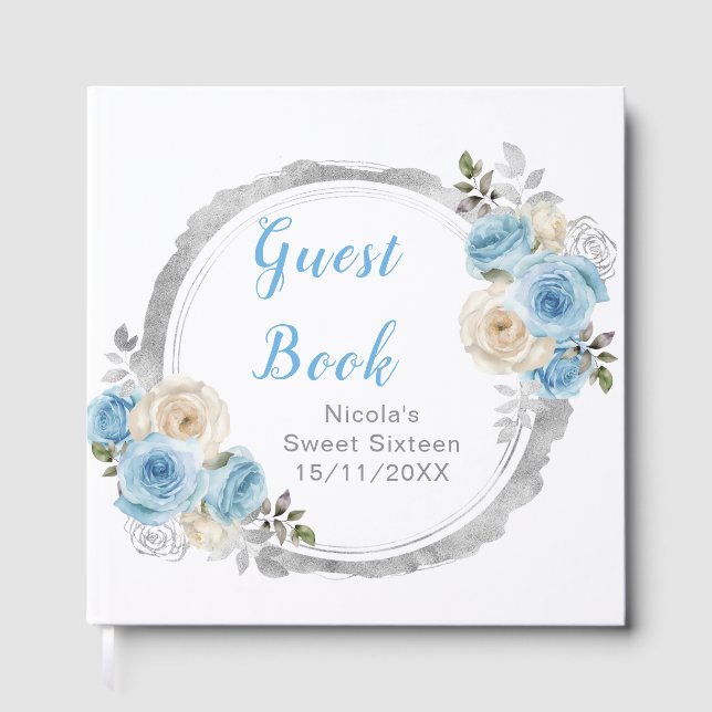 Dusty Blue Silver Elegant Flowers Sweet Sixteen Guest Book (Front)