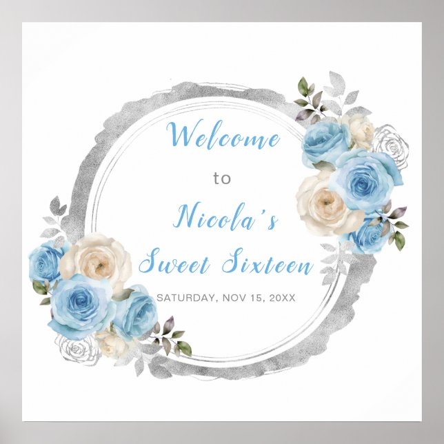 Dusty Blue Silver Elegant Flowers Sweet Sixteen Poster (Front)