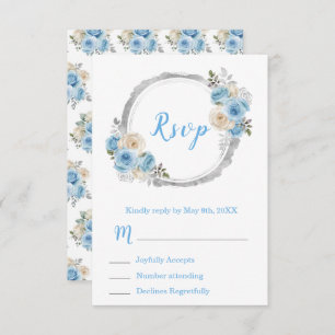Dusty Blue Silver Elegant Flowers Sweet Sixteen RSVP Card