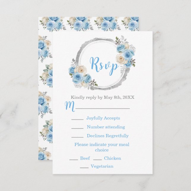 Dusty Blue Silver Elegant Flowers Sweet Sixteen RSVP Card (Front/Back)