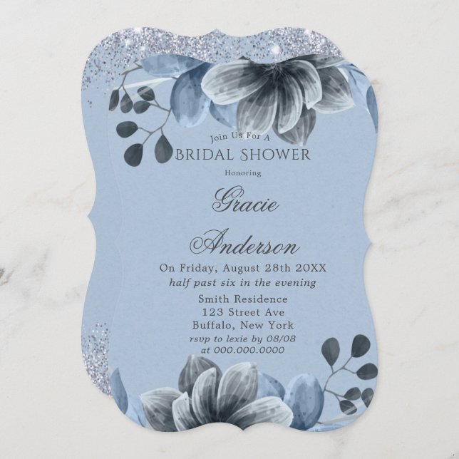 Dusty Blue Silver Floral Bridal Shower Invitation (Front/Back)