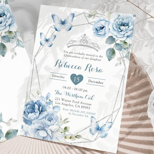 Dusty Blue Silver Floral Butterfly Quinceañera Invitation (Creator Uploaded)
