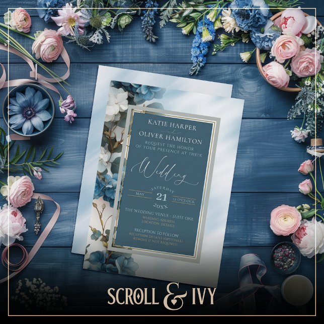 Dusty Blue & Silver Floral Elegance Wedding Invitation (Creator Uploaded)