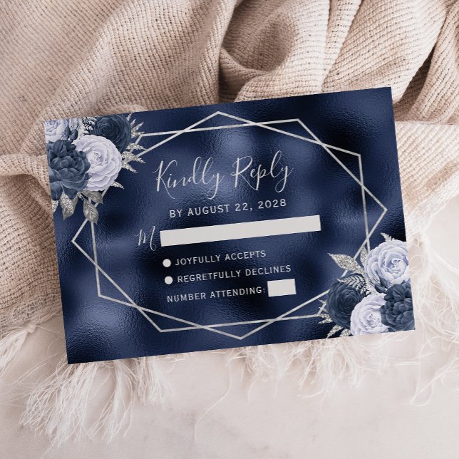 Dusty Blue Silver Floral Geometric Navy Foil RSVP Card (Creator Uploaded)