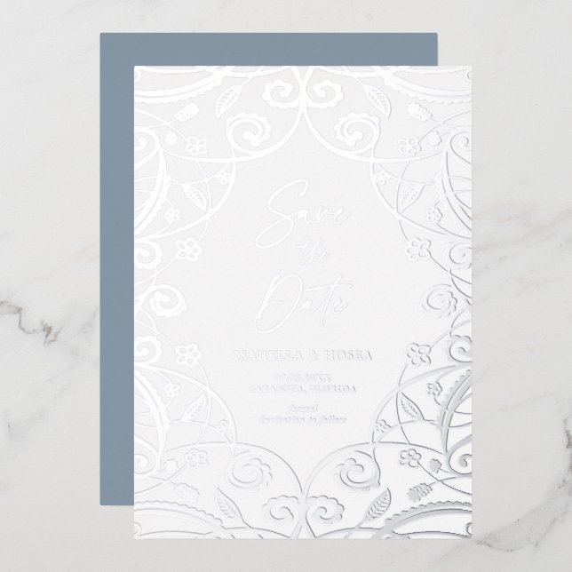 Dusty Blue Silver Floral Leaf Lace Wedding (Front/Back)