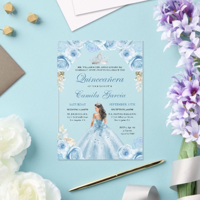 Dusty Blue & Silver Floral Princess Quinceañera Acrylic Invitations (Insitu (Wedding))
