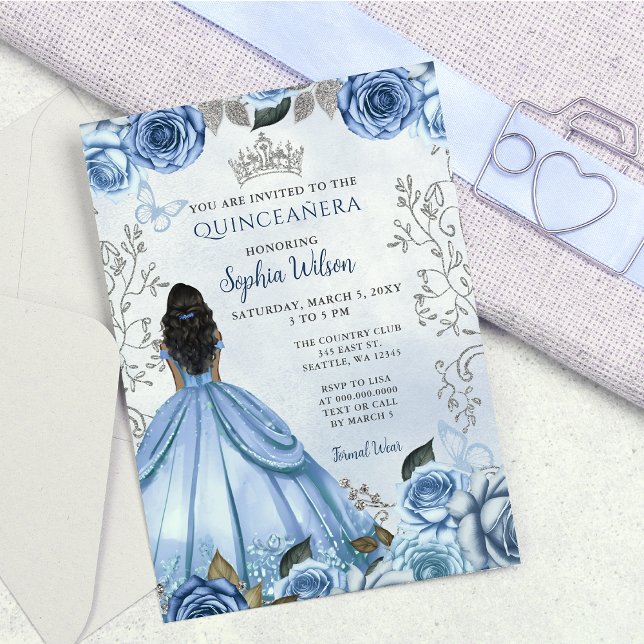 Dusty Blue Silver Floral Princess Quinceañera  Invitation (Dusty Blue Silver Floral Princess Quinceañera Invitation)