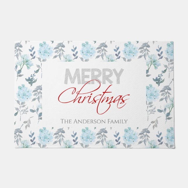 Dusty Blue & Silver Floral Watercolor Door Mat (Front)