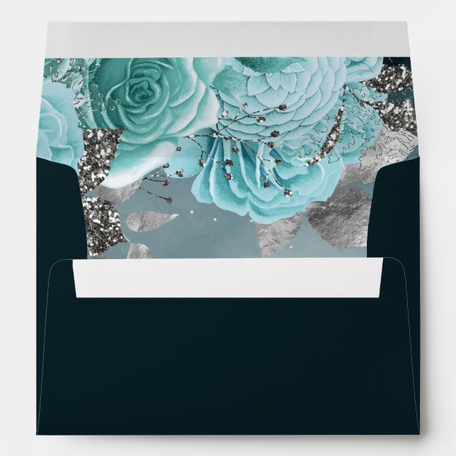 Dusty Blue Silver Floral Wedding Envelope (Back (Bottom))