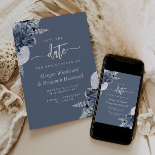 Dusty Blue Silver Floral Wedding Save the Date Invitation