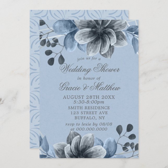 Dusty Blue Silver Floral Wedding Shower Invites (Front/Back)