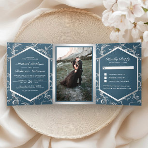 Dusty Blue Silver Flourish Swirl Wedding Photo Tri-Fold Invitation