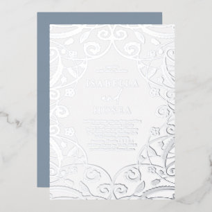 Dusty Blue Silver Foil Floral Lace Wedding