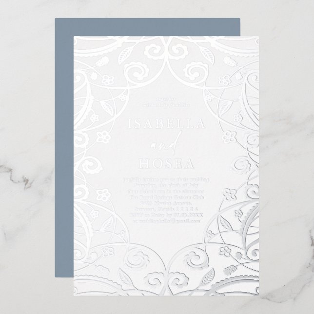 Dusty Blue Silver Foil Floral Lace Wedding (Front/Back)