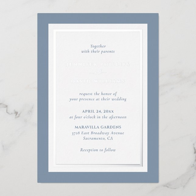 Dusty Blue Silver Foil Invitation (Front)