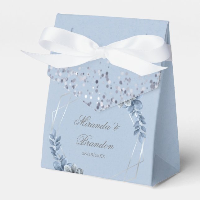 Dusty Blue Silver Geometric Floral Wedding  Favour Box (Front Side)