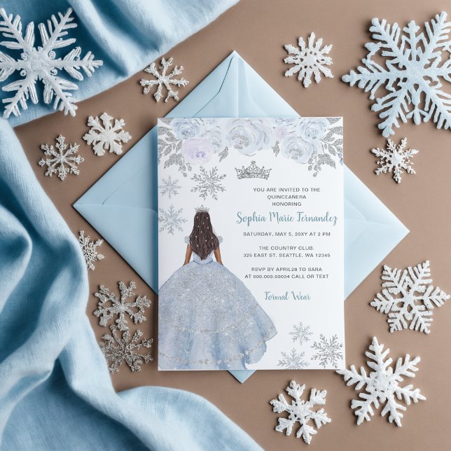 Dusty Blue Silver Glitter Dress Winter Quinceañera Invitation (Dusty Blue Silver Glitter Dress Sark Skin Princess Winter Quinceañera Invitation)
