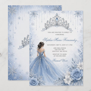Dusty Blue Silver Glitter Dress Winter Sweet 16 Invitation