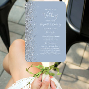 Dusty Blue Silver Glitter Edge Wedding Program Hand Fan