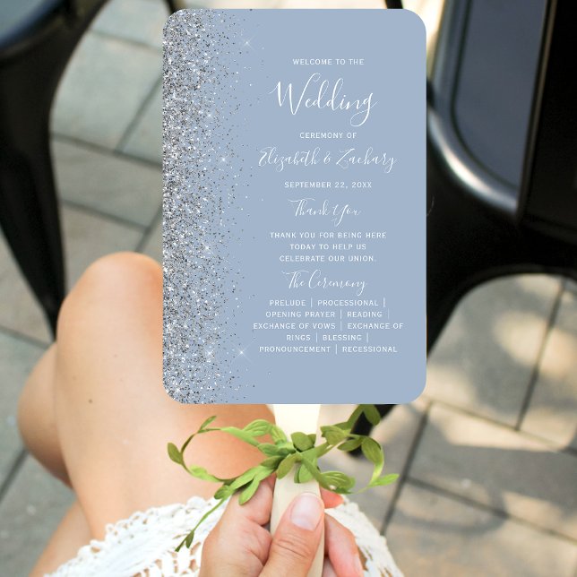 Dusty Blue Silver Glitter Edge Wedding Program Hand Fan (Creator Uploaded)