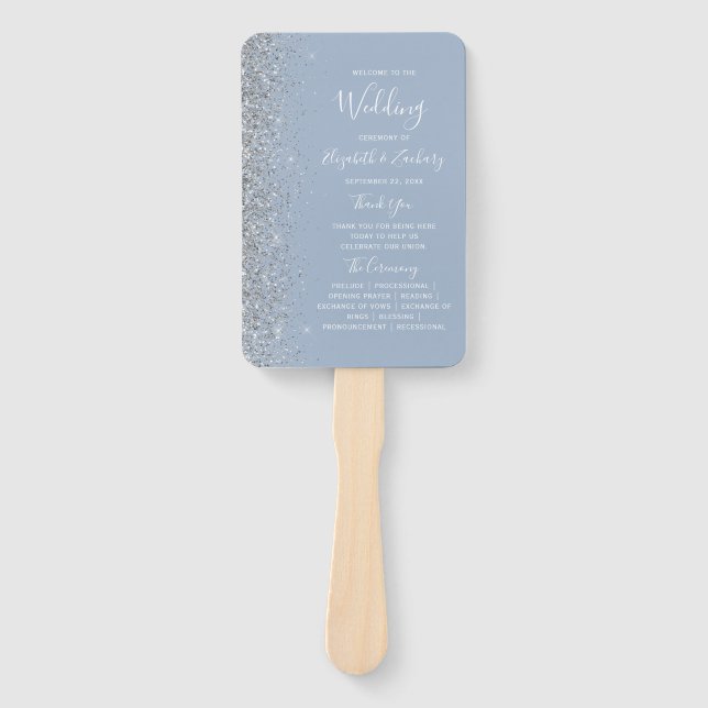 Dusty Blue Silver Glitter Edge Wedding Program Hand Fan (Front)