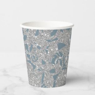 Dusty Blue Silver Glitter Floral Paper Cups