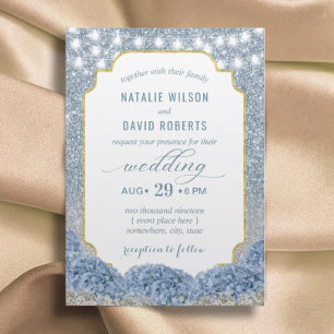 Dusty Blue & Silver Glitter Modern Floral Wedding Invitation
