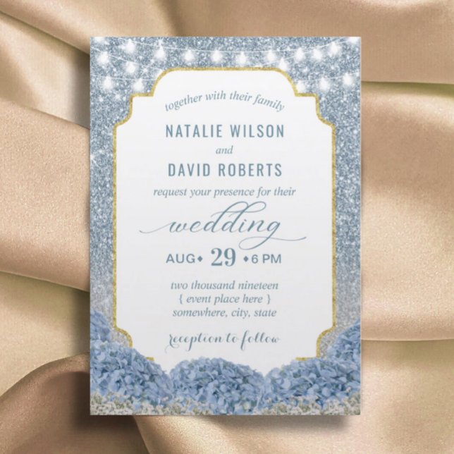 Dusty Blue & Silver Glitter Modern Floral Wedding Invitation (Creator Uploaded)