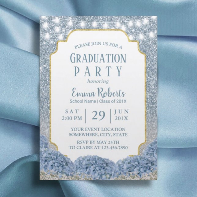 Dusty Blue & Silver Glitter Ombre Graduation Party Invitation (Creator Uploaded)
