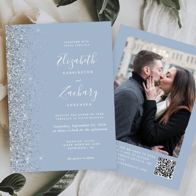 Dusty Blue Silver Glitter Photo QR Code Wedding Invitation (Creator Uploaded)