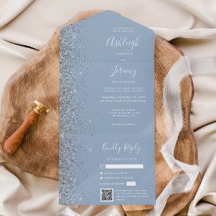 Dusty Blue Silver Glitter QR Code Wedding All In One Invitation