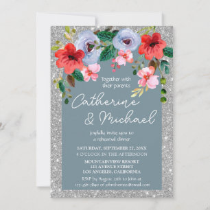 Dusty Blue Silver Glitter Watercolor Floral Arch  Invitation