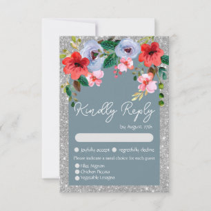 Dusty Blue Silver Glitter Watercolor Floral Arch RSVP Card