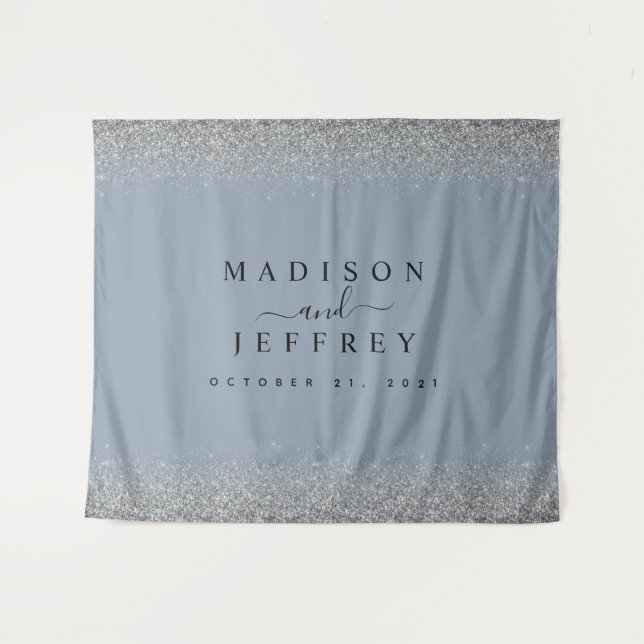 Dusty Blue & Silver Glitter Wedding Backdrop Tapestry (Front (Horizontal))