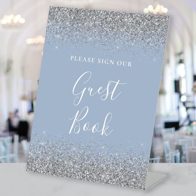 Dusty Blue Silver Glitter Wedding Guest Book Pedestal Sign (Creator Uploaded)