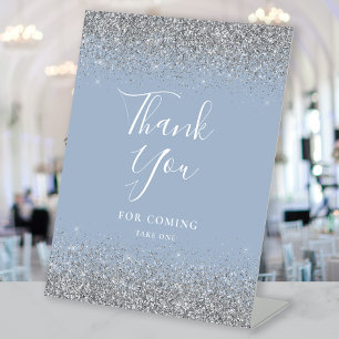 Dusty Blue Silver Glitter Wedding Thank You Pedestal Sign