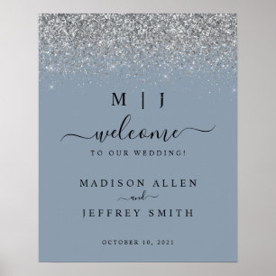 Dusty Blue & Silver Glitter Wedding Welcome Sign