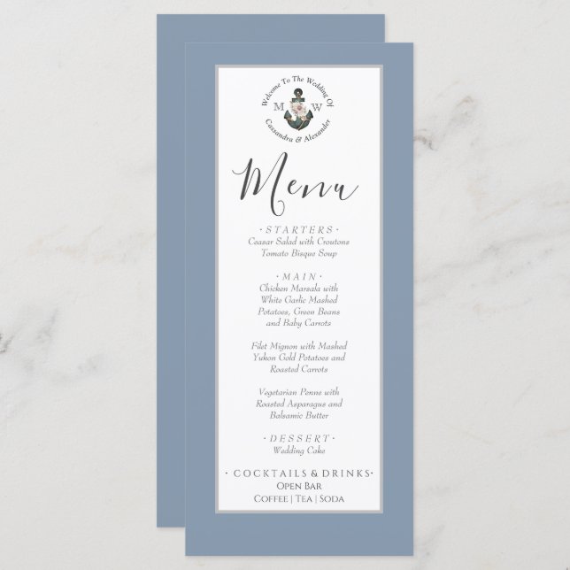 Dusty Blue silver grey, nautical theme wedding  Menu (Front/Back)