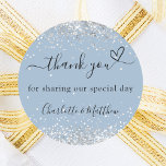 Dusty blue silver heart thank you wedding classic round sticker<br><div class="desc">A dusty blue background,  decorated with faux silver confetti.  With the text: Thank you for sharing our special day,  with a small heart.   Personalise and add your names.</div>
