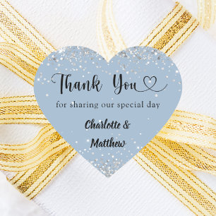 Dusty blue silver heart thank you wedding sticker