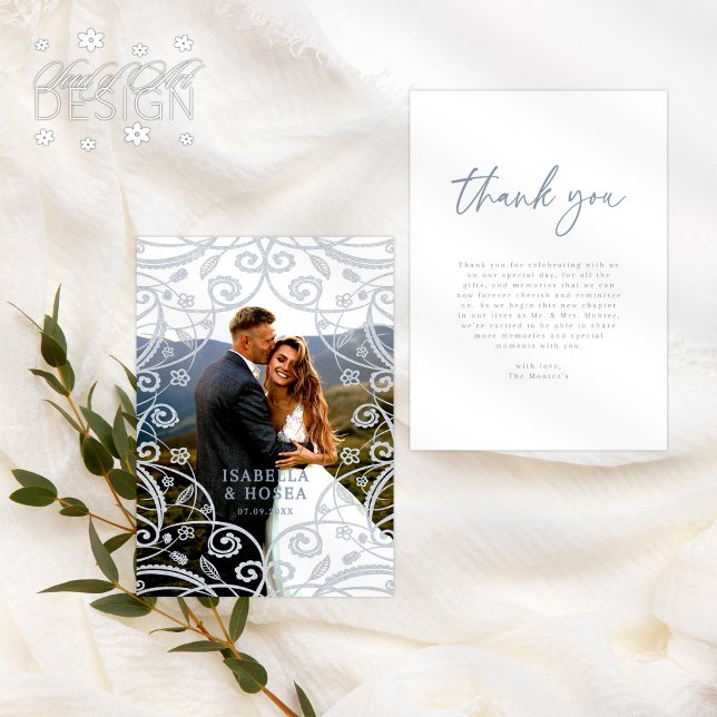 Dusty Blue Silver Lace Wedding Thank You Card (Creator Uploaded)