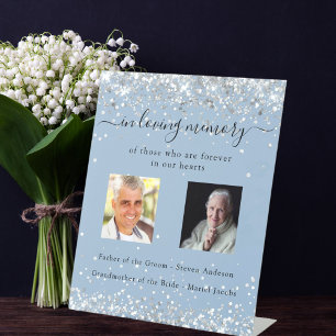 Dusty blue silver photo wedding memorial pedestal sign